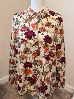 J. Jill Cream Blouse with Burgundy & Orange Floral Print